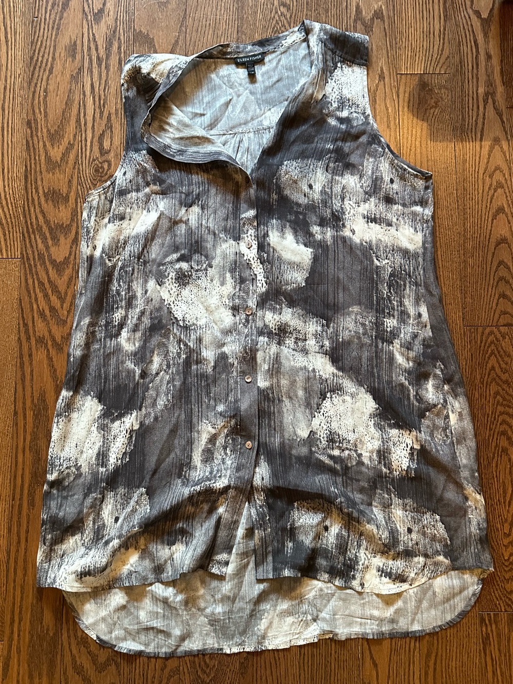 Eileen Fisher 100% Silk Sleeveless Tunic Top with Inkblot Pattern - Size L